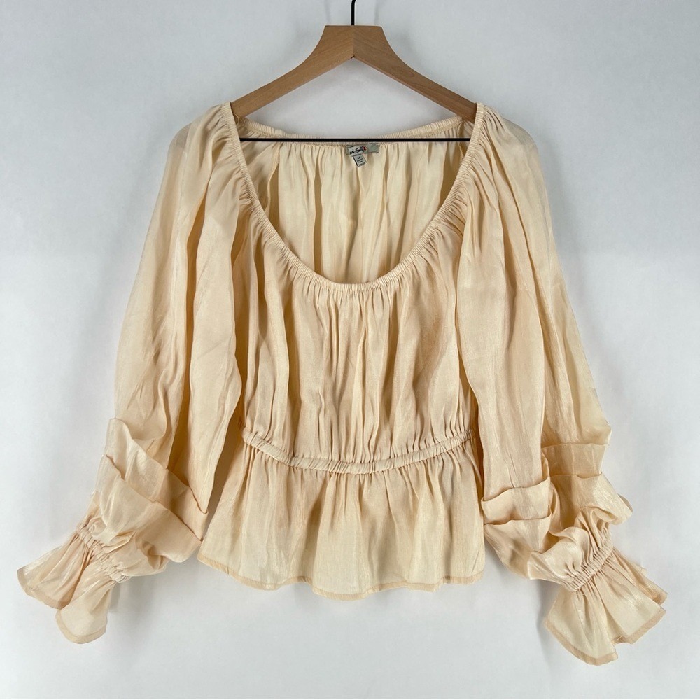 Miss Selfie Metallic Sheen Cream Blouson Long Sleeve Off The Shoulder Peplum Top